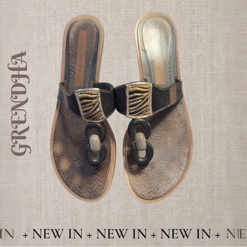 GRENDHA THONG GOLD ANIMAL PRINT EMBELLISHMENT SANDALS